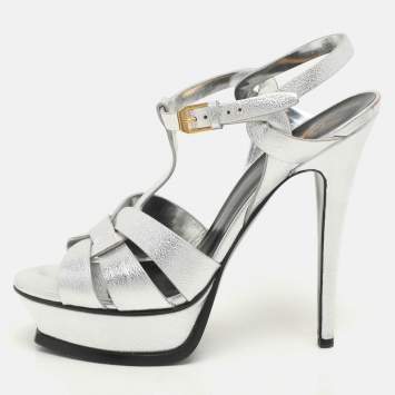 مملوكة مسبقًا Saint Laurent Silver Leather Tribute Platform Sandals Size 39