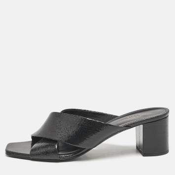 Saint Laurent Black Texture Leather Loulou Criss Cross Mules Size 41
