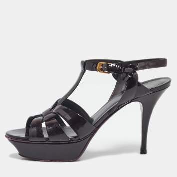 Saint Laurent Burgundy Patent Leather Tribute Ankle Strap Sandals Size 39