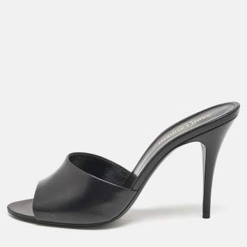 Saint Laurent Black Leather Belfagor Open Toe Slide Sandals Size 39