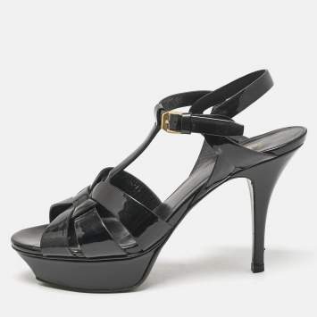 Saint Laurent Black Patent Leather Tribute Platform Sandals Size 38