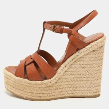 Pre Owned Saint Laurent Brown Leather Tribute Espadrille Wedge Sandals 37.5