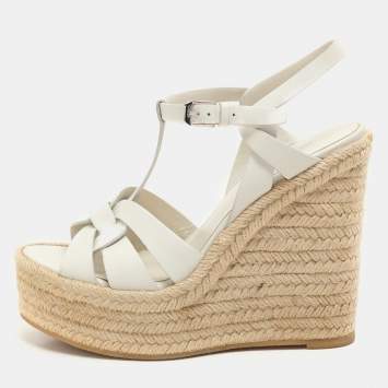 Pre Owned Saint Laurent White Leather Tribute Wedge Espadrille Sandals Size 37.5