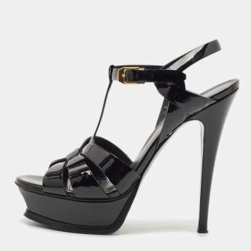 Saint Laurent Black Patent Leather Tribute Platform Sandals Size 38