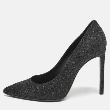 Saint Laurent Black Glitter and Textured Leather Pointed Toe Pumps Size 38