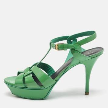 Saint Laurent Green Patent Leather Tribute Platform Sandals Size 39
