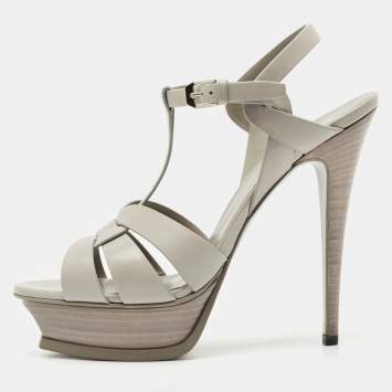 Saint Laurent Light Grey Leather Tribute Ankle Strap Sandals Size 39.5