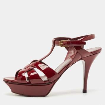 Saint Laurent Burgundy Patent Leather Tribute Platform Sandals Size 38.5