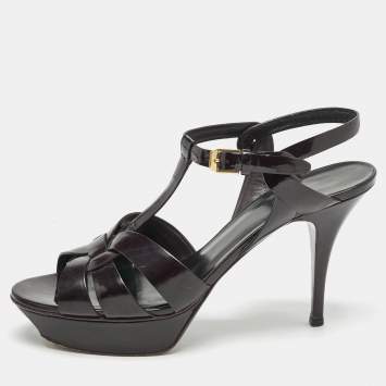 Saint Laurent Dark Burgundy Patent Leather Tribute Platform Sandals Size 41