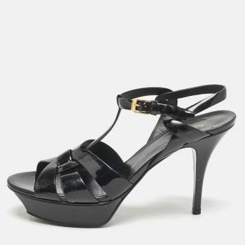 Saint Laurent Black Patent Leather Tribute Ankle Strap Sandals Size 40.5