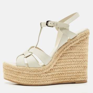 Pre Owned Saint Laurent White Leather Tribute Wedge Platform Espadrille Sandals Size 37