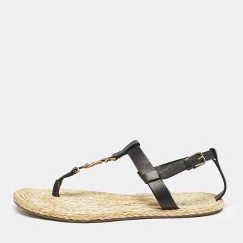 Saint Laurent Black/Beige Leather and Raffia Cassandra Thong Sandals Size 38