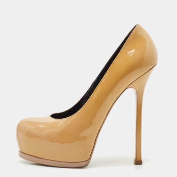 Saint Laurent Beige Patent Leather Tribtoo Platform Pumps Size 38.5