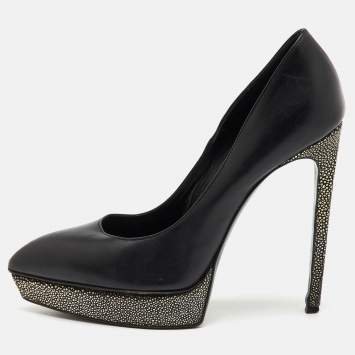 Saint Laurent Black Leather Janis Pointed Toe Platform Pumps Size 40
