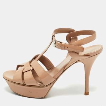 Saint Laurent  Beige Patent Leather Ankle Strap Sandals Size 34.5