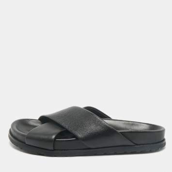 Saint Laurent Black Leather Crisscross Flat Slides Size 39