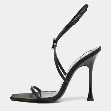 Saint Laurent Black Satin Harlow Crystals Ankle Strap Sandals Size 39