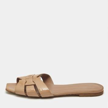 Saint Laurent Beige Patent Leather Tribute Flat Sandals Size 38