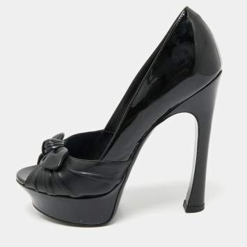 Saint Laurent Black Patent Leather Palais B 105 Peep Toe Bow  Pumps Size 37.5