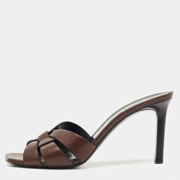 Saint Laurent Brown Leather Tribute Slide Sandals Size 39.5