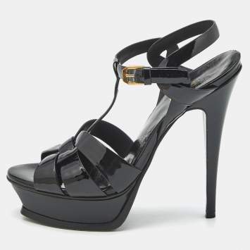 Saint Laurent Black Patent Leather Tribute Platform Sandals Size 39