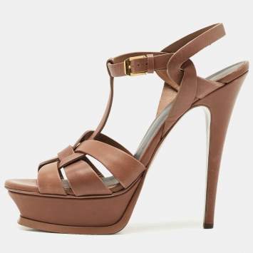 Saint Laurent Brown Leather Tribute Platform Sandals Size 38