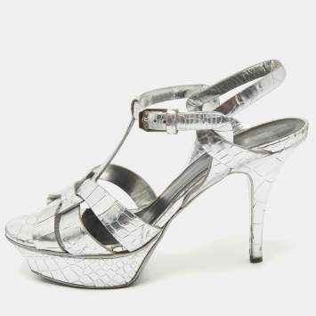 Pre Owned Saint Laurent Silver Croc Embossed Leather Tribute Ankle Strap Sandals Size 38.5