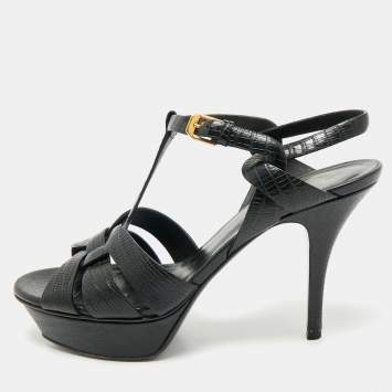 Saint Laurent Black Lizard Embossed Leather Tribute Ankle Strap Sandals Size 39.5