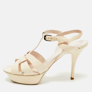 Saint Laurent Cream Patent Leather Tribute Platform Sandals Size 39.5