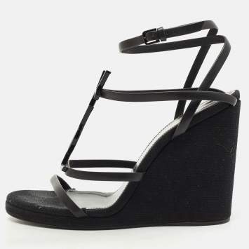 Saint Laurent Black Leather Cassandra Wedge Strappy Sandals Size 39