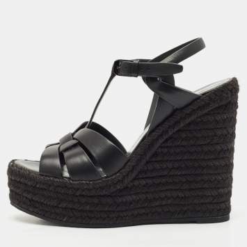Saint Laurent Black Leather Tribute Wedge Espadrille Sandals Size 37.5