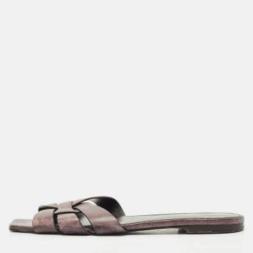 Pre Owned Saint Laurent Burgundy Leather Tribute Flat Slides Size 40