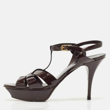 Saint Laurent Burgundy Patent Leather Tribute Platform Ankle Strap Sandals Size 41.5