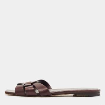 Pre Owned Saint Laurent Burgundy Leather Tribute Flat Slides Size 39.5