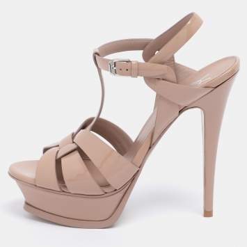 Saint Laurent Beige Patent Leather Tribute Platform Ankle Strap Sandals Size 38