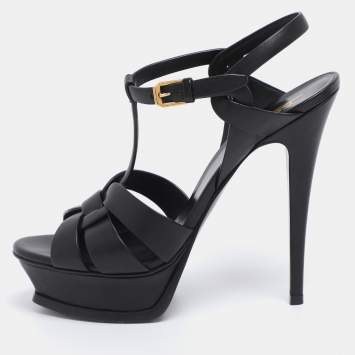 Saint Laurent Black Leather Tribute Ankle Strap Sandals Size 38.5