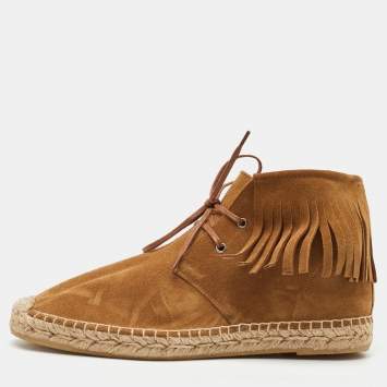 Saint Laurent Brown Suede Fringe Espadrille Lace Up Sneaker Boots Size 37