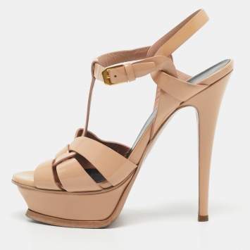 Pre Owned Saint Laurent Beige Patent Leather Tribute Platform Sandals Size 36