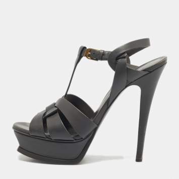 Pre Owned Saint Laurent  Grey Leather Tribute Sandals Size 38