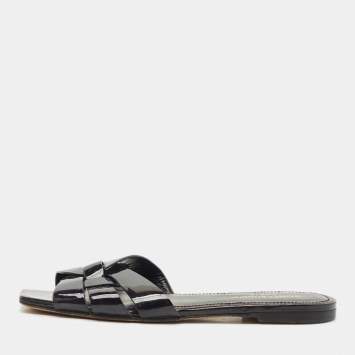 Pre Owned Saint Laurent Black Patent Leather Tribute Flat Slides Size 37