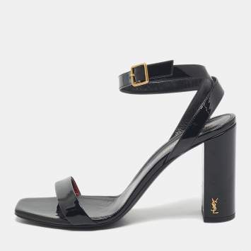 Saint Laurent Black Patent Leather Ankle Strap Sandals Size 40