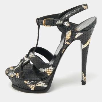 Saint Laurent Black/Gold Snakeskin Tribute Platform Sandals Size 37.5