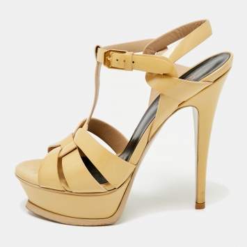 Saint Laurent Beige Patent Leather Platform Sandals Size 36