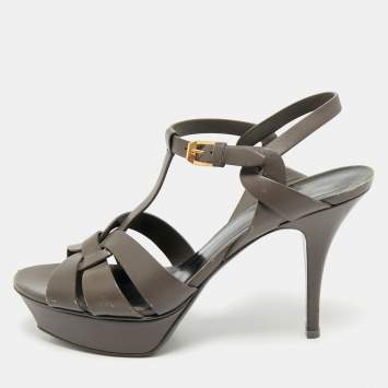 Pre Owned Saint Laurent  Grey Leather Ankle Strap Sandals Size 40