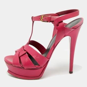 Pre Owned Saint Laurent Purple Leather Ankle Strap Sandals Size 37.5