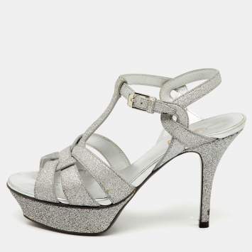 Pre Owned Saint Laurent Silver Glitter and Leather Tribute Platform Sandals Size 36