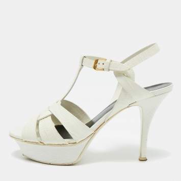 Pre Owned Saint Laurent White Lizard Embossed Leather Tribute Platform Sandals Size 36.5