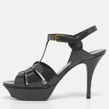 Pre Owned Saint Laurent Grey Patent Leather Tribute Platform Sandals Size 38