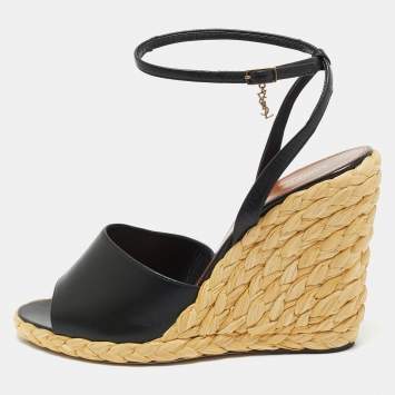 Pre Owned Saint Laurent Black Leather Wedge Espadrille Sandals Size 40.5