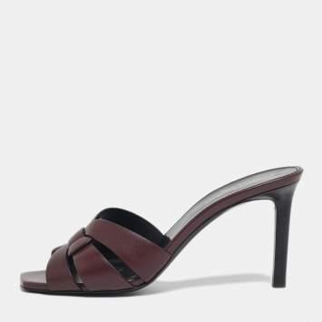 Pre Owned Saint Laurent Burgundy Leather Tribute Slide Sandals Size 40